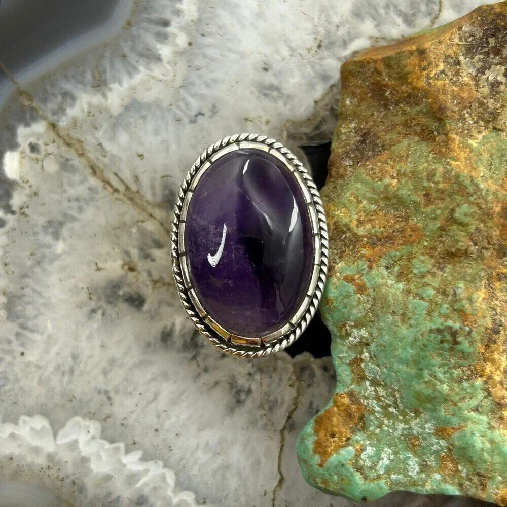 Sterling Silver Southwestern Style Oval Translucent Amethyst Ring 7.5 For Women